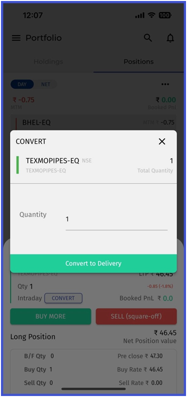Justrade2.0 login mobile app - Enter Quantity to convert from intraday to delivery