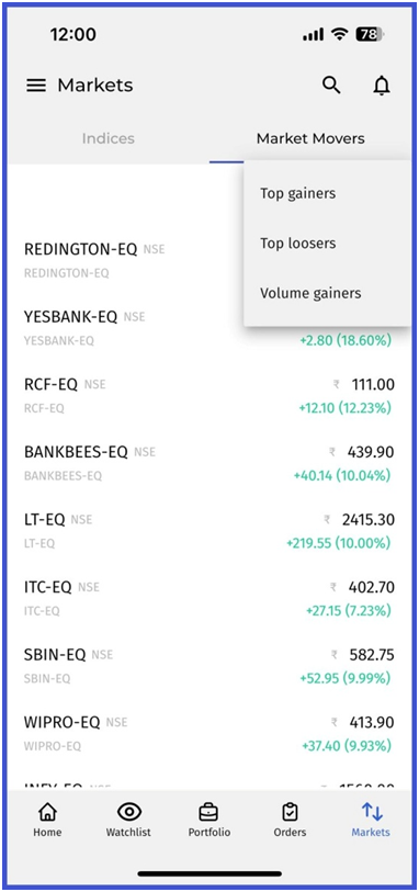 Justrade2.0 login mobile app - top gainers